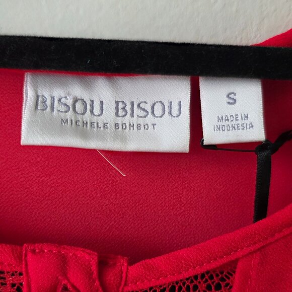 BISOU BISOU Red Ruffle and Lace Blouse | S | Sheer Button Down Round Neck NEW - Picture 7 of 9